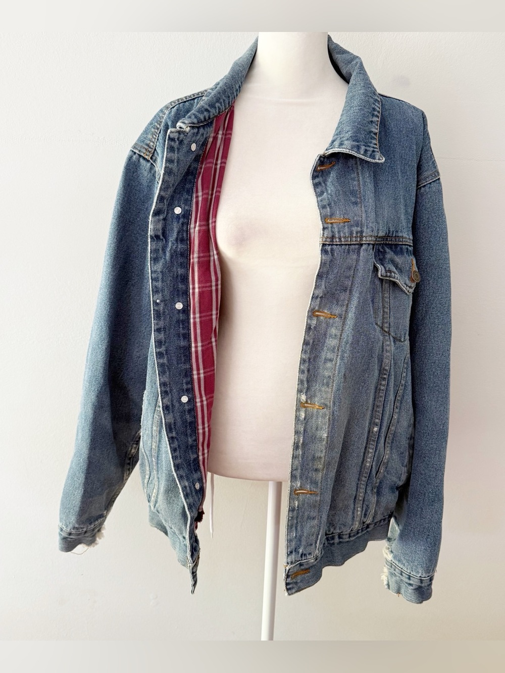 Vintage Army Navy Men 100% Cotton Flannel Lined Distressed Denim Jacket Large